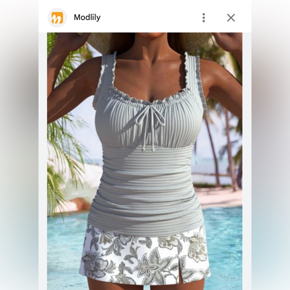 New Floral Gray and White Women's Tankini - Picture 2 of 3